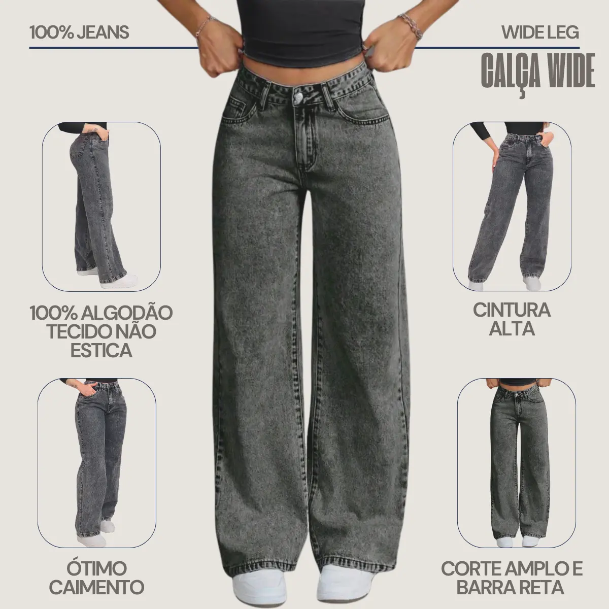Kit 3 Calça Jeans Wide Leg Feminina Cintura Alta 100% Algodão Premium Bolsos e Modelagem Reta e Solta para Looks Casual e Chic - 5