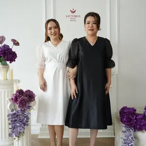 (Victoria Wear House) Bea Dress Midi VNeck Lengan Balon A Line Bumil Friendly Dres Terusan Gaun Pesta Wanita