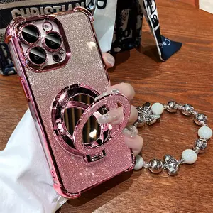 Case HP khusus untuk iPhone/OPPO/VIVO/Redmi/Samsung/Infinix/Realme，Stand dengan Cermin - Bingkai Chrome Pink, Bening HD, Pelindung Sudut Ekstra + Full Cover Anti Jatuh untuk Wanita