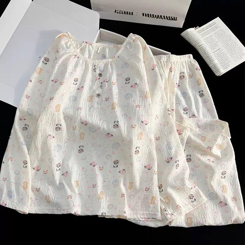 Bộ pijama nữ dài tay mặc nhà thu đông tay dài cổ tròn 2 nút vải cotton mây mỏng mịn mát