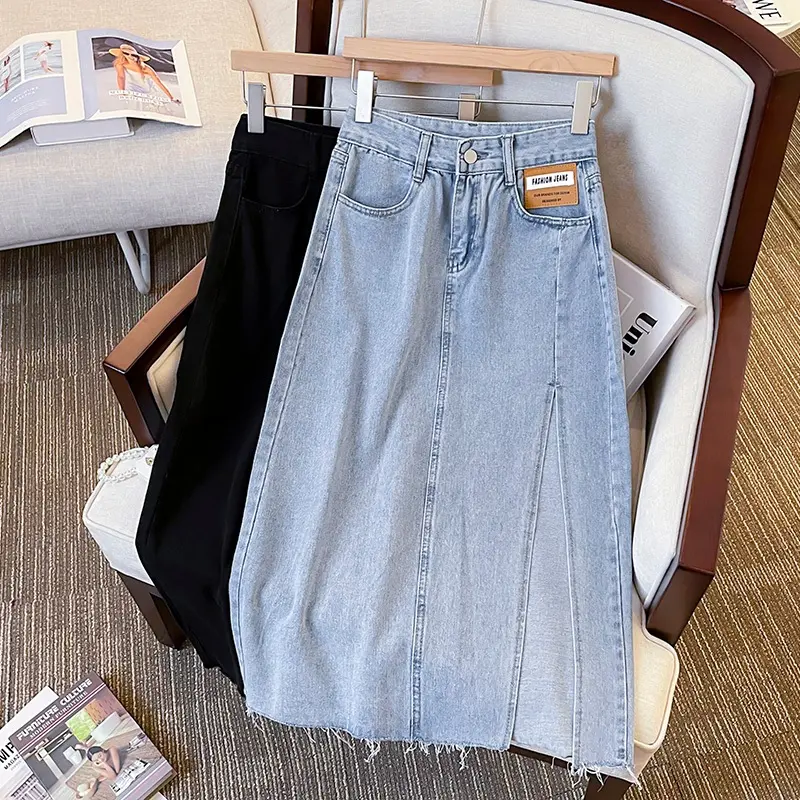 rok jeans split gaya korean style rok celah samping panjang denim a line skirt jumbo kekinian fashion bigsize berpinggang tinggi sedang untuk menutupi rok pinggul selangkangan rok sobek samping Casual Hitam Maxi Dewasa 5