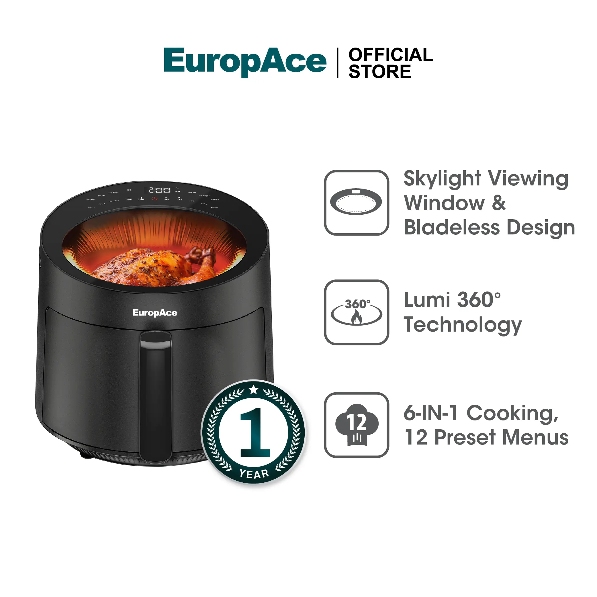 EuropAce 6-IN-1 Lumi Bladeless Air Fryer | EAF9501DBK | 12 Preset Menus, Skylight View & Supercharged 360° Hot Air