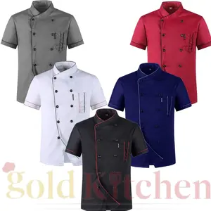 Gold Kitchen Baju Chef Unisex Lengan Pendek Model Mandarin Bahan Poly-Cotton DRILL Kualitas Tinggi Kancing Snap Soft Cocok untuk Pria dan Wanita