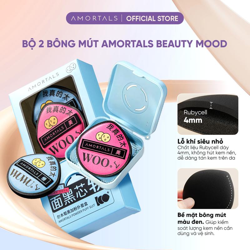 《AMORTALS》Set Bông Mút Đánh Kem Nền Amortals Phiên Bản Đen Mút Đánh Cushion Thiết Kế Mở Rộng Dày Hơn Không Hút Phấn Cố Định Lớp Nền Đàn Hồi Cao Che Phủ Tự Nhiên Dùng Khô Ướt Phù Hợp Học Sinh Người Mới Tập Makeup Kèm Hộp Đựng Mút Trang Điểm