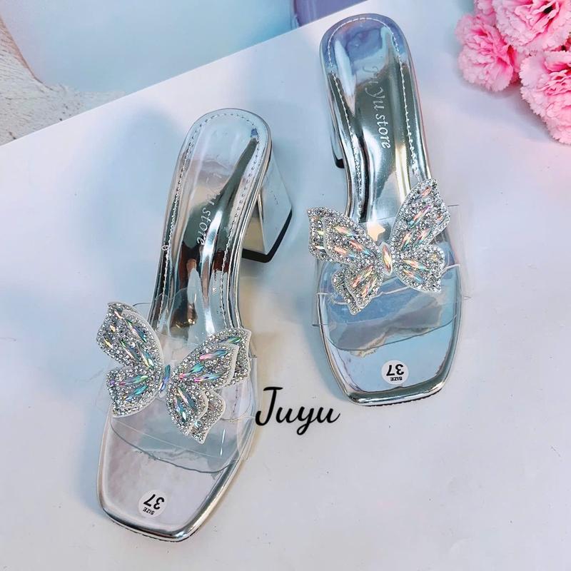 Juyu Shoes - Dép cao gót mũi vuông đính nơ sang trọng