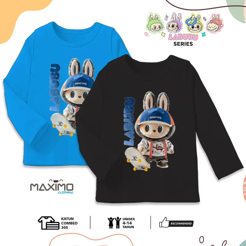 Kaos Baju Labubu Anak Skate Lengan Panjang Usia 4-12 Tahun Bahan Katun Combed 2