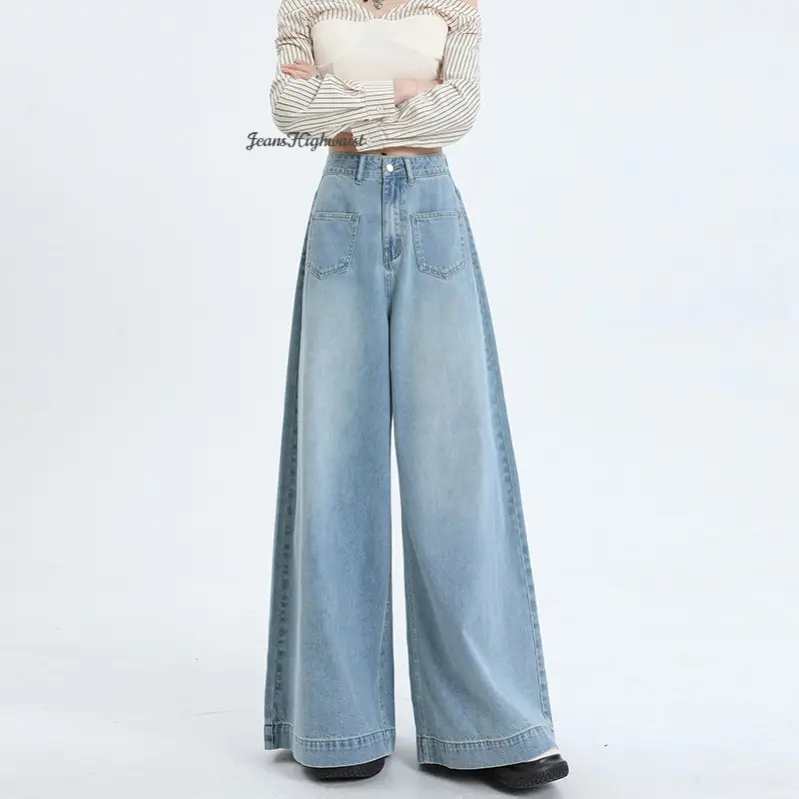 JEANSHIGHWAIST- Celana kulot jeans highwaist retro wanita dua waist kantong depan jins Panjang Cewek dua Denim A-line pants skena premium import baggy outfits fading gombrong straight remaja xl biru vintage lulu chic wide leg ootd cute Casual yoyo Loose 0
