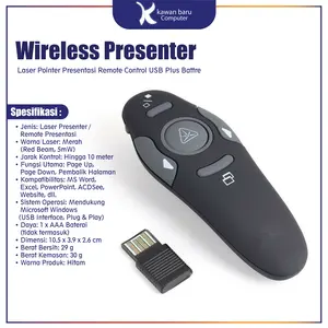 Wireless Presenter Laser Pointer Presentasi Remote Control USB Hitam 2,4 GHz Nirkabel Portabel dengan Fungsi Halaman Up & Down untuk MS Word Excel PowerPoint