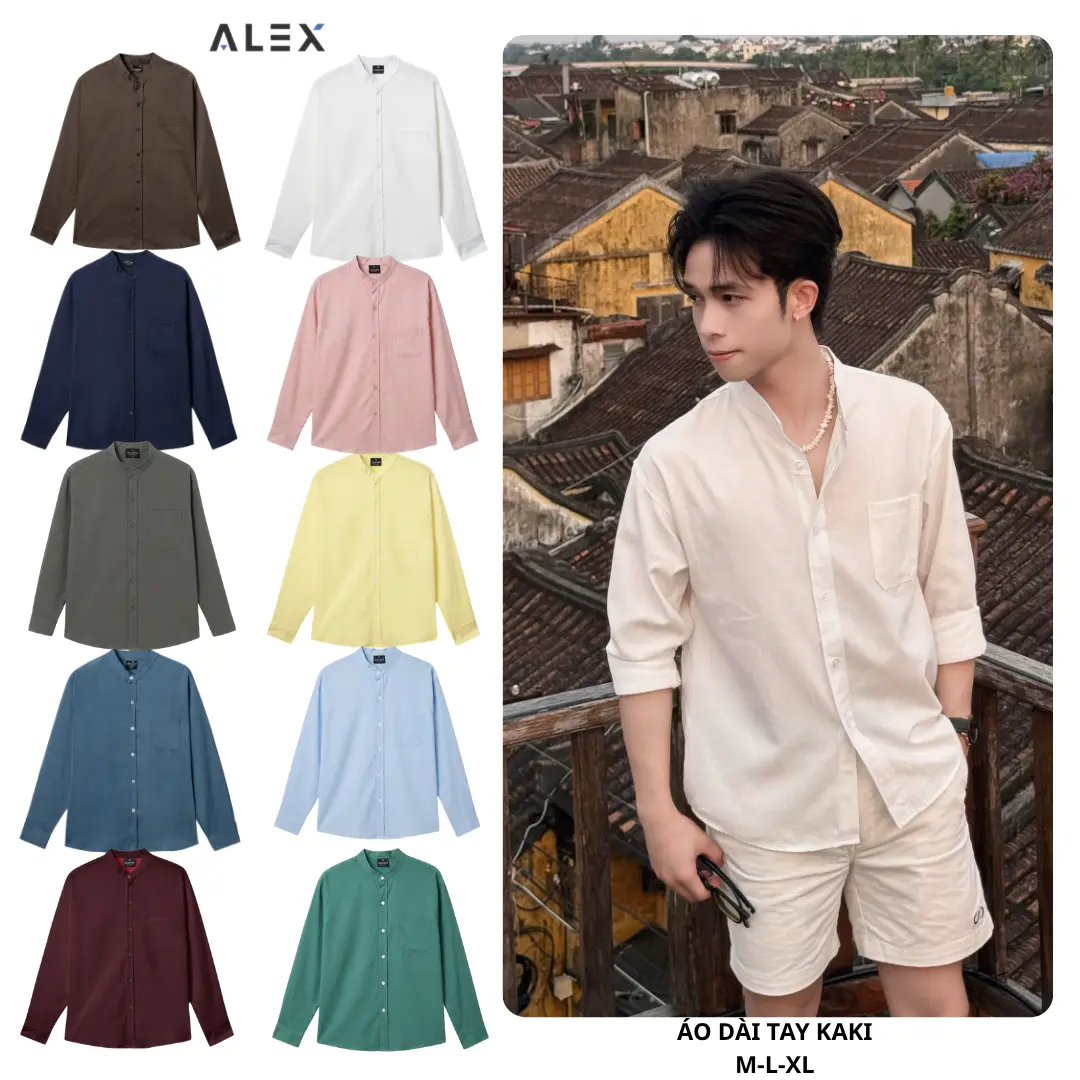Độc quyền [ALEXMAN x Tư đẹp trai thích live]  Áo Sơ Mi link 1 cổ tàu Trơn Dài Tay Chất Liệu KaKi Cotton Mềm Mịn ALEXMAN