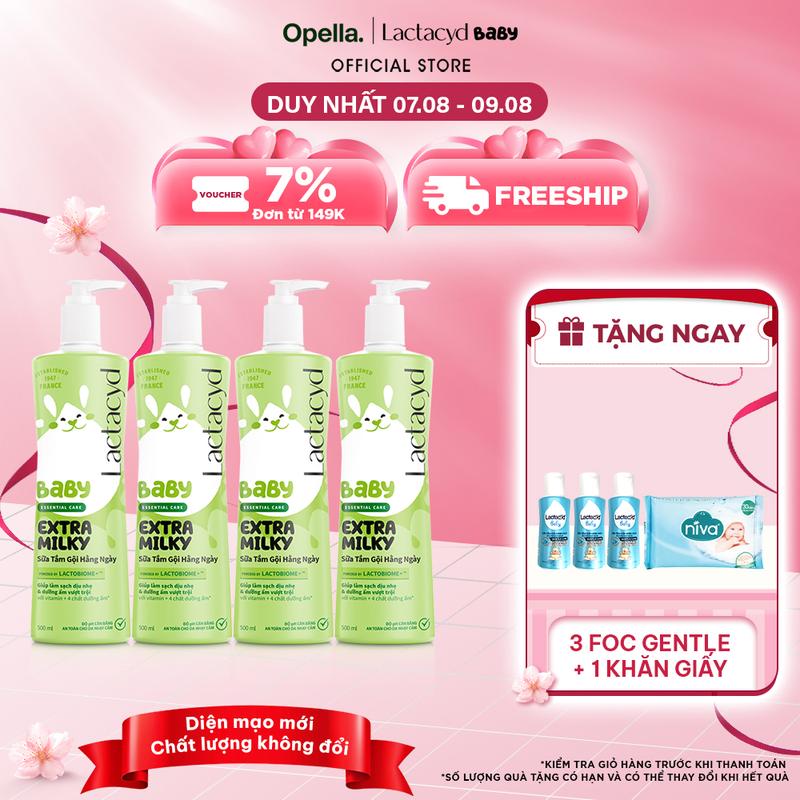 Bộ 4 chai Sữa Tắm Gội Trẻ Em Lactacyd Baby Extra Milky Làm Sạch Dịu Nhẹ và Dưỡng Ẩm Vượt Trội 500ml/chai Cho Bé