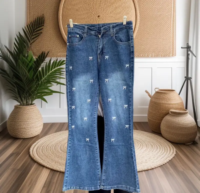 Celana Panjang Wanita Cutbray Jeans High Waist dengan Pita Bordir melar flare pants hip tell loose coquette cutbray wanita remaja xl Dewasa Bawahan 6