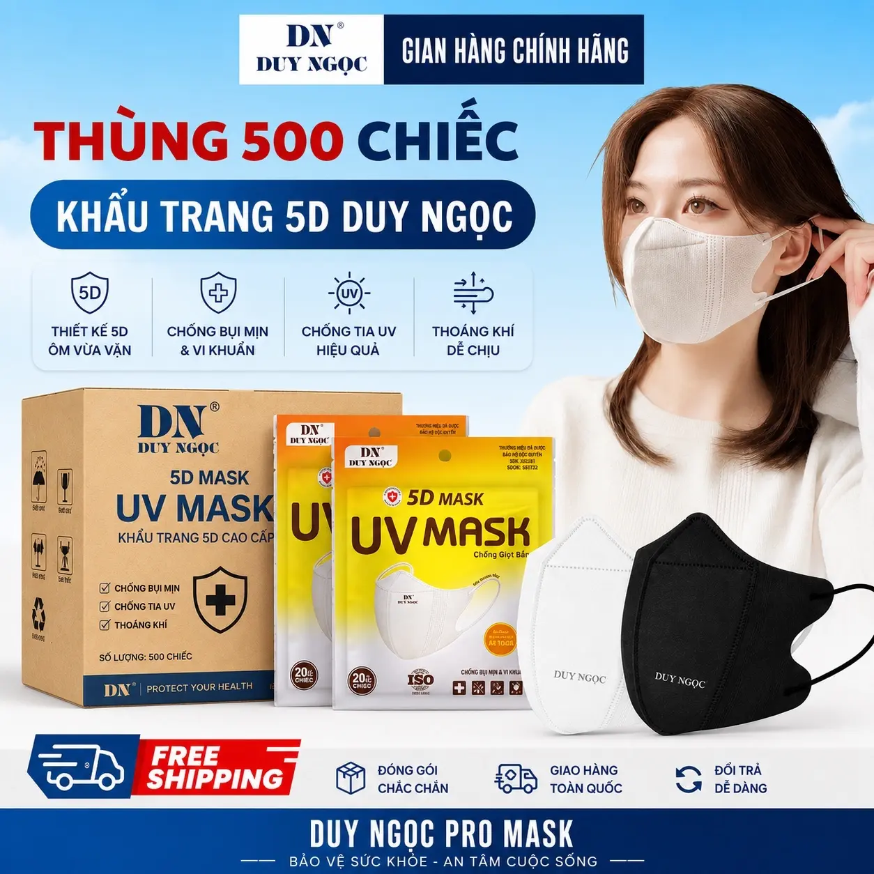THÙNG 500 CHIẾC KHẨU TRANG 5D DUY NGỌC, 3 Lớp Vải Không Dệt Cao Cấp Mềm Mịn, Chống Bụi Mịn Và Tia UV