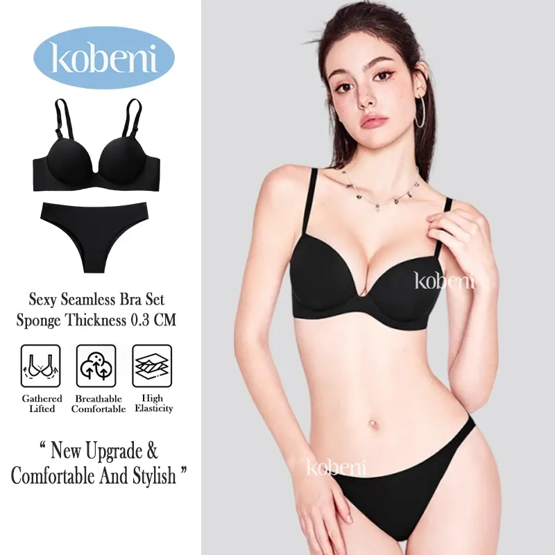 Kobeni Celana Dalam seamless sexy lingerie women's summer gathering without steel ring text bra set black Bh Setelan 0