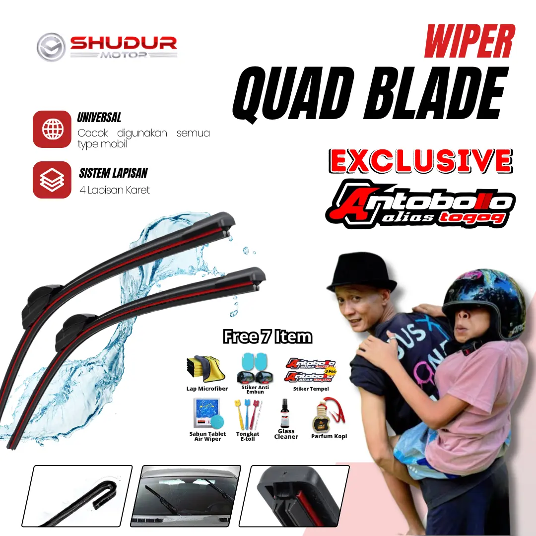 Wiper Quad Blade 4 Lapis Karet SPECIAL ANTOBOLLO Frameless Universal Untuk Semua Tipe Mobil 1 Set Kiri dan Kanan Tanpa Rangka Besi Windshield Kaca Kendaraan Bonus 6 Item Free Sticker Decal Hologram Antobollo