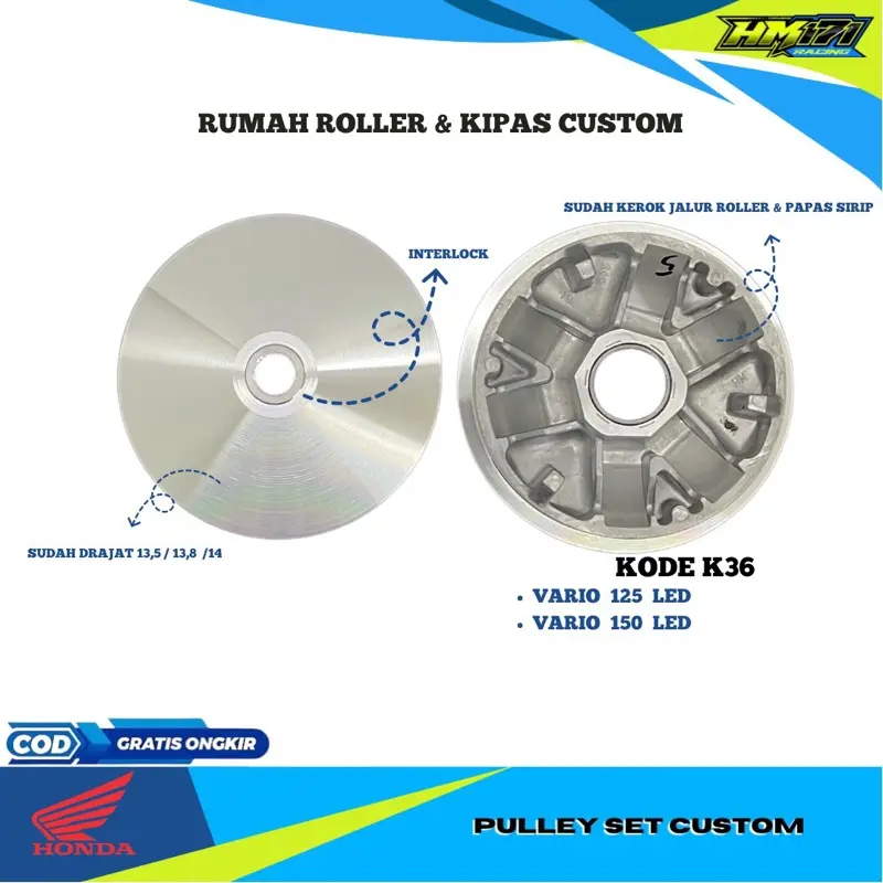 ￼rumah roller bubut custom 13,5 13,8 vario 125 vario 150 led kode K36/k35 sudah korok jalur roller pulley custom pulley racing rumah roller bubutan