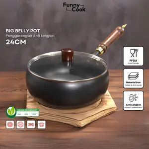 [CECE KETAR KETIR] READY STOCK Funnycook Big Belly Pot Penggorengan Anti Lengket Ukuran 24cm Dengan Lapisan Fine Iron Tanoa Coating Sudah Di lengkapi Tutup Kayu Tebal dan Gagang Anti Panas KItchenware