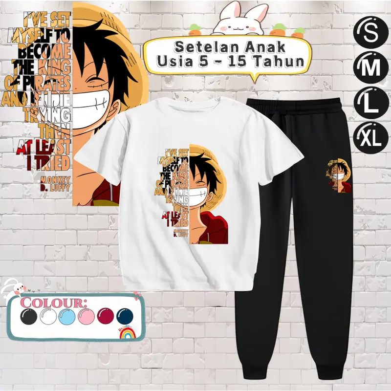 Baju Setelan Anak Laki Laki - Pakaian Kaos dan Celana Fashion Anak Cowok Usia 5-15 Tahun - Motif LUFFY QUOTE Putih 0