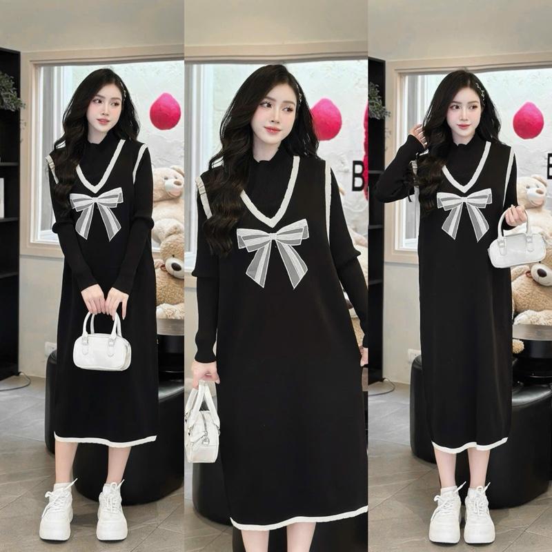  ￼ Mami.closet  set váy len hàng Qccc áo giữ nhiệt phối váy gile len kèm nơ kim sa. Váy dáng suông bầu mặc được. 