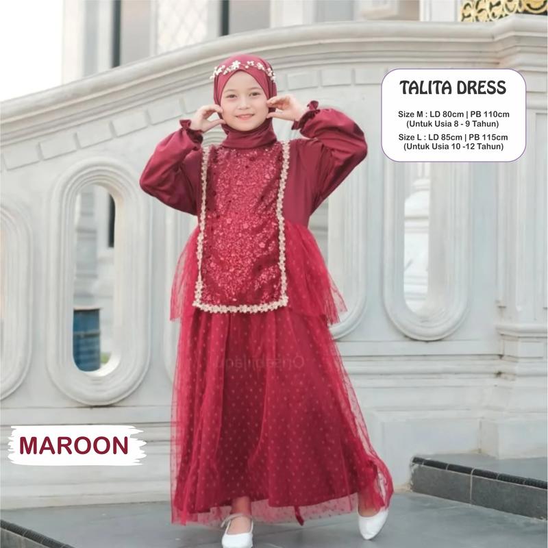 Talita Dress Baju Muslim Gamis Lebaran Anak 2025 untuk usia 8-12 tahun Syakila Mix Tile Dot Sequin Nyaman 4