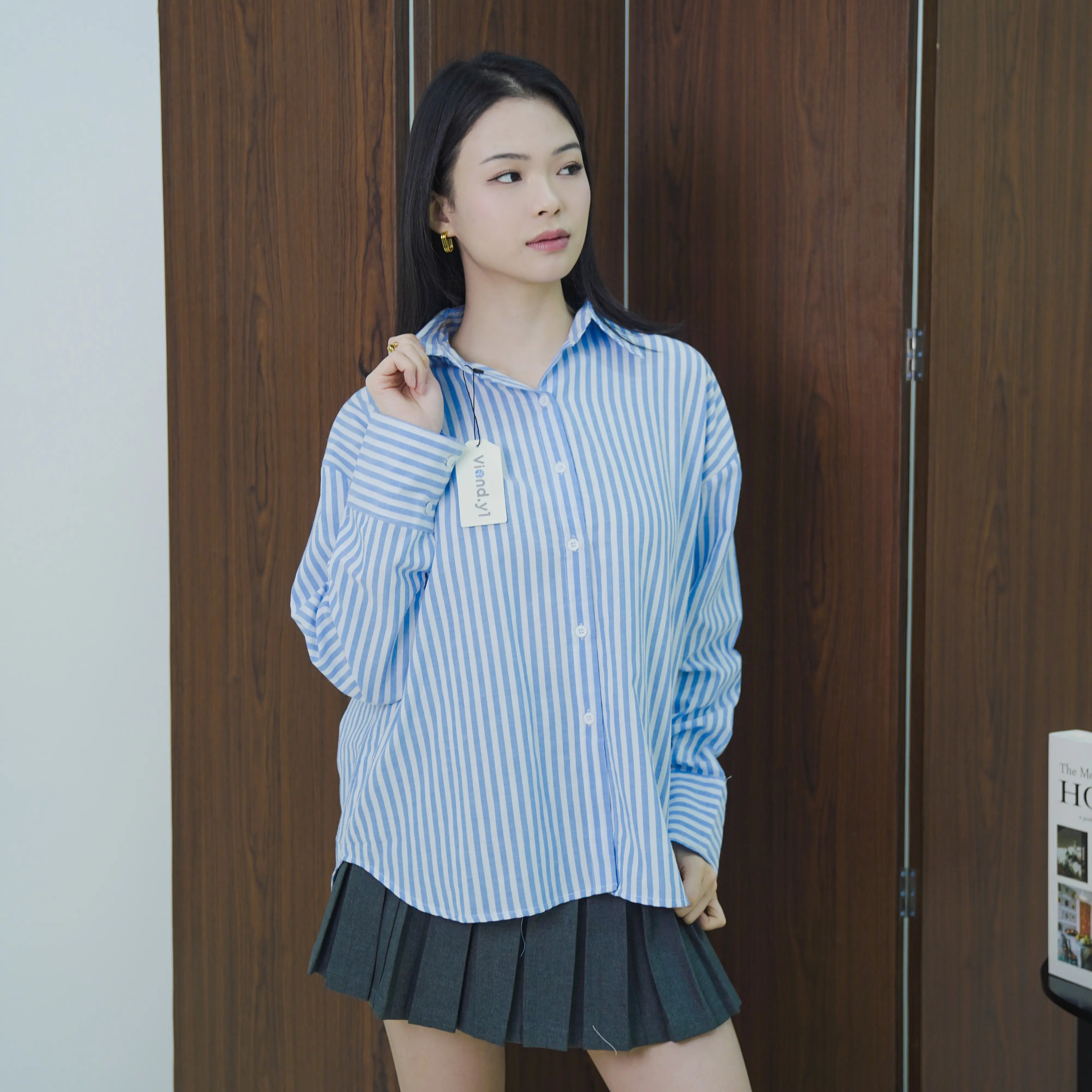 Kemeja Salur Katun Wanita Korea / Atasan Kemeja Cewek Oversize / Kemeja Salur Bahan Yandet Motif Stripe