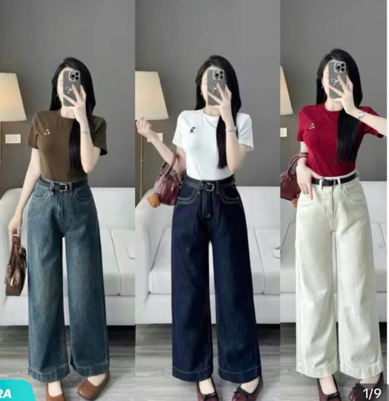 Quần jeans suông nấm lùn cạp cao túi viền ống rộng QC hottrend 2025 - 1m47-1m57
