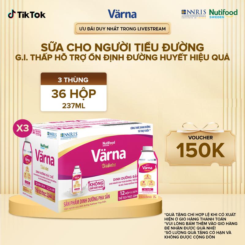[DUY NHẤT TRONG LIVESTREAM ] - Combo 3 thùng 12 Sữa Bột Pha Sẵn Varna Diabetes - Hỗ Trợ Ổn Định Đường Huyết (36 hộp x 237ml)