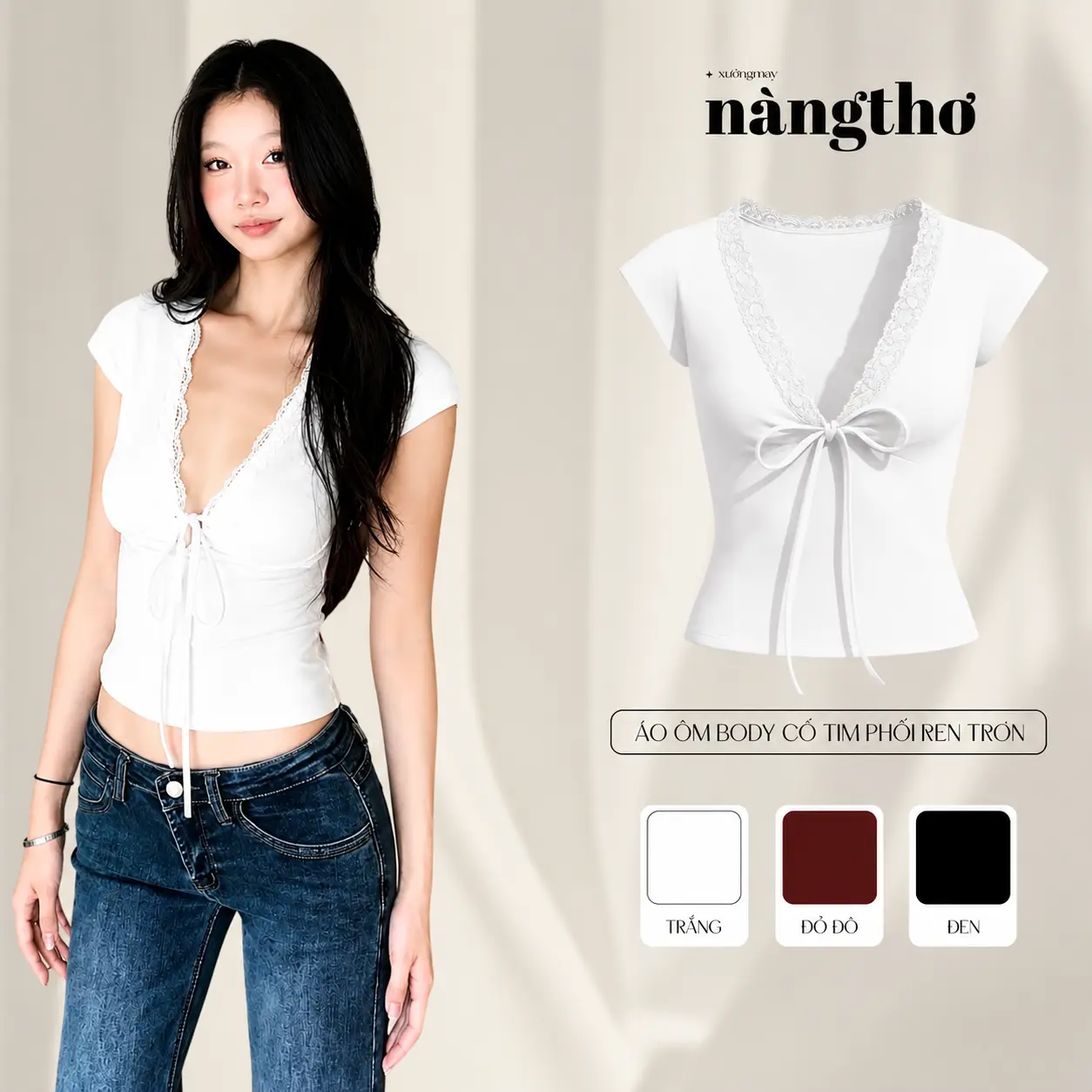 377 Áo Kiểu Nữ Ôm Body Y2K Cổ Tim Phối Ren Chất Thun Cotton Mịn