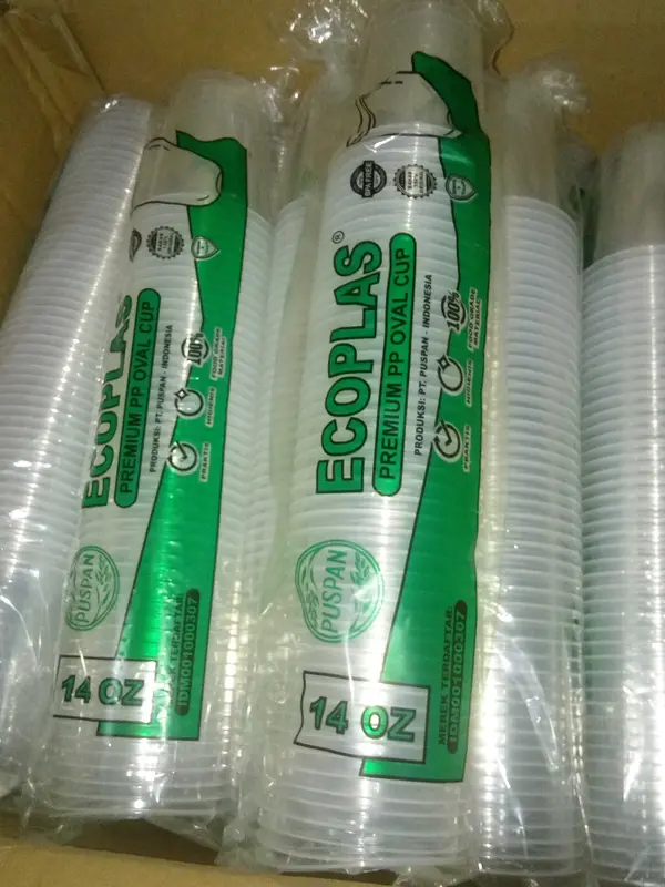 (isi50pcs) Gelas Plastik OVAL 14OZ OVAL / U CUP 14OZ 7,5 GRAM /GELAS PREMIUM PP ECOPLAS PUSPAN 1