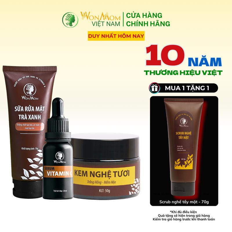 Combo 3 Món Làm Đẹp Da Dưỡng Trắng Hồng Chuyên Sâu Wonmom 1 Sữa Rửa Mặt Trà Xanh + 1 Kem Nghệ Tươi + 1 Serum C Skincare
