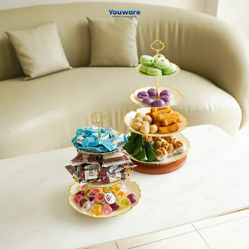 YOUWARE - Hayse Rak Kue Susun 3 Tingkat / 4 Tingkat Detachable Plate Cake Stand Display Plastik Piring Saji 3 Tingkat Susun Lepas Pasang dengan Handle Rak Makan Kue Buah Cake Camilan Rak Kue Cake Emas Aesthetic dan Elegan 1