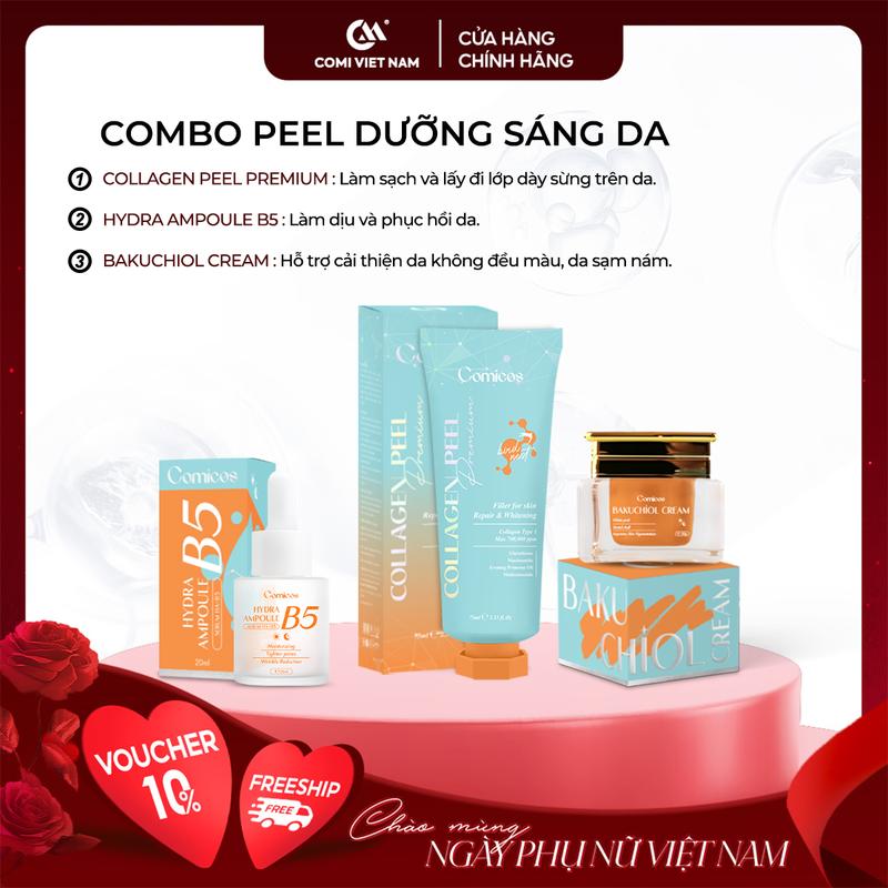 [COMI VIETNAM] [MUA 1 ĐƯỢC 3 UPSIZE] Combo Peel Collagen Comi 4K(75Ml) + Serum B5 HA(20Ml) + Kem Face Huyết Yến Bakuchiol(20G) - Dưỡng trắng, Cấp ẩm, Giảm Thâm Nám. Skincare