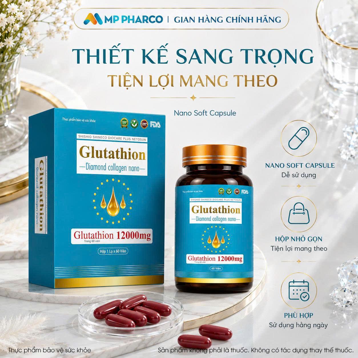 Viên uống sáng da TPBVSK Glutathion Diamond Collagen Nano 12000mg dành cho người da khô sạm, da nám, nhiều nếp nhăn , 60 viên MP14