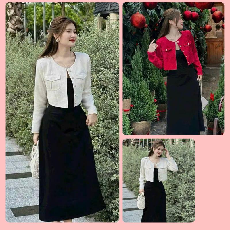  Set Váy 2 Dây Kèm Áo Khoác Dạ Sét Áo Khoác Linen Tay Dài Kèm Đầm Thun Hai Dây Kiểu Dáng Sang Chảnh Nữ Women Kem Top 