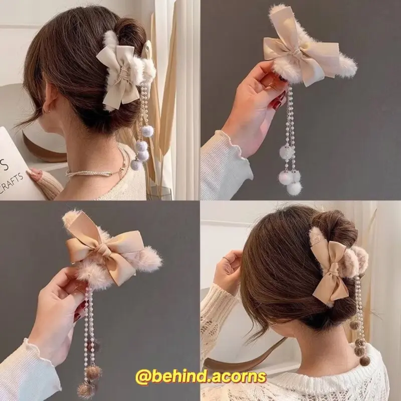 Jepit Rambut Wanita Bulu Pom Pom Panjang Jedai Model Pita Bulu Halus Lembut Gaya Korea
