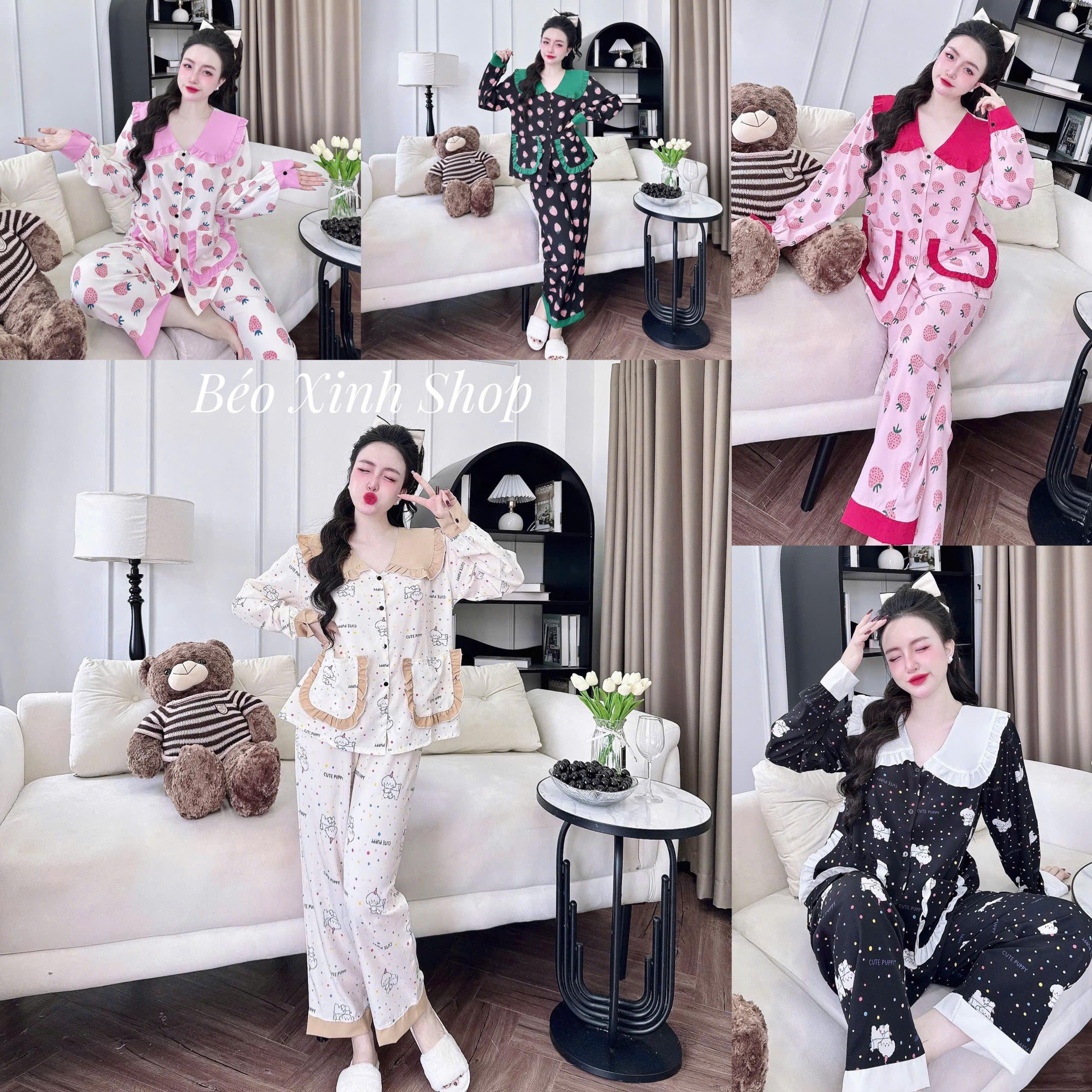 Đồ Bộ - Đồ Ngủ Tay Dài Pijama Bigsize 50-100kg Vải Lụa Nhật Cổ Bèo Tiểu Thư Nữ Áo Quần Ngủ - A.5629