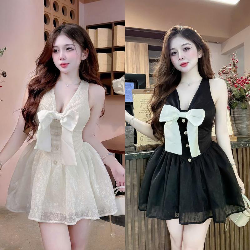 Đầm váy nữ tiểu thư ren hoa thiết kế cổ yếm đính nơ dáng xòe [Có Mút, Có Lót] xinh xắn dành cho các nàng diện đi chơi, đi tiệc.