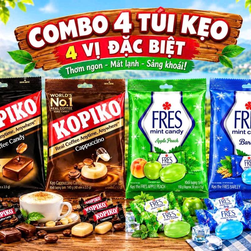 Combo 4 Túi Kẹo Đặc Biệt - 4 Vị Thơm Ngon Mát Lạnh Sáng Khoái Kopiko Cappuccino & FRES Mint Candy