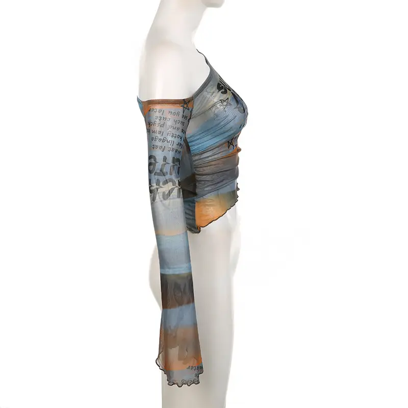 [HEYSOUL] Crop Top Asimetris Transparan One Shoulder Gaya Korea Y2K Atasan Cewek Kekinian Bahan Mesh Motif Tulisan Aesthetic Edgy Outfit OOTD Streetwear Korean Look Baju Wanita Muda Fashion Stylish Tampil Beda Buat Nongkrong atau Hangout Casual Basic Unik 5