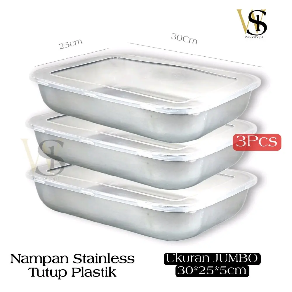3Pcs JUMBO Nampan Stainless steel Lengkap Tutup Plastik Baki Wadah penyimpanan Makanan Stainles Ukuran 30x25x5cm Kitchenware