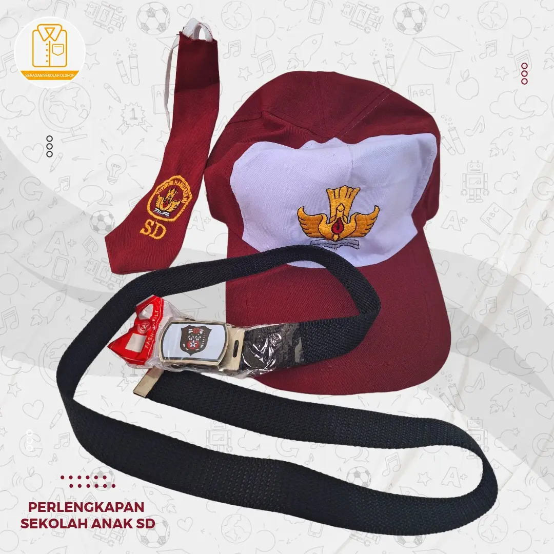 topi merah putih dasi laki laki dan ikat pinggang sd logo tut wuri di bordir //topi sekolah