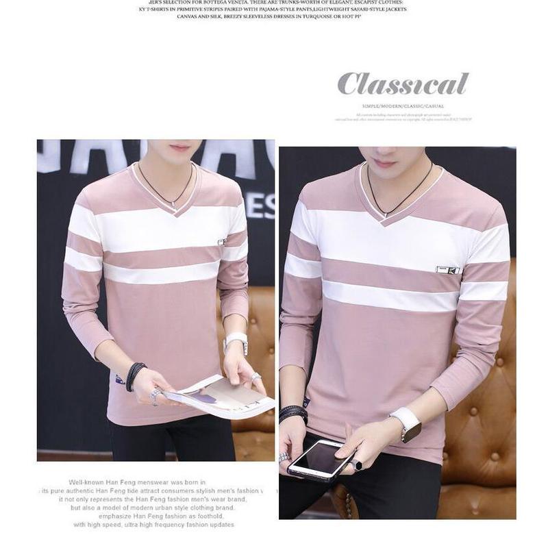 áo Thun Nam, Hàng Mới Về Mùa Thu, Chất Liệu Cotton, Dài Tay, Sọc, Cổ Chữ V, Phong Cách Hàn Quốc, Áo Nam Lớn 6