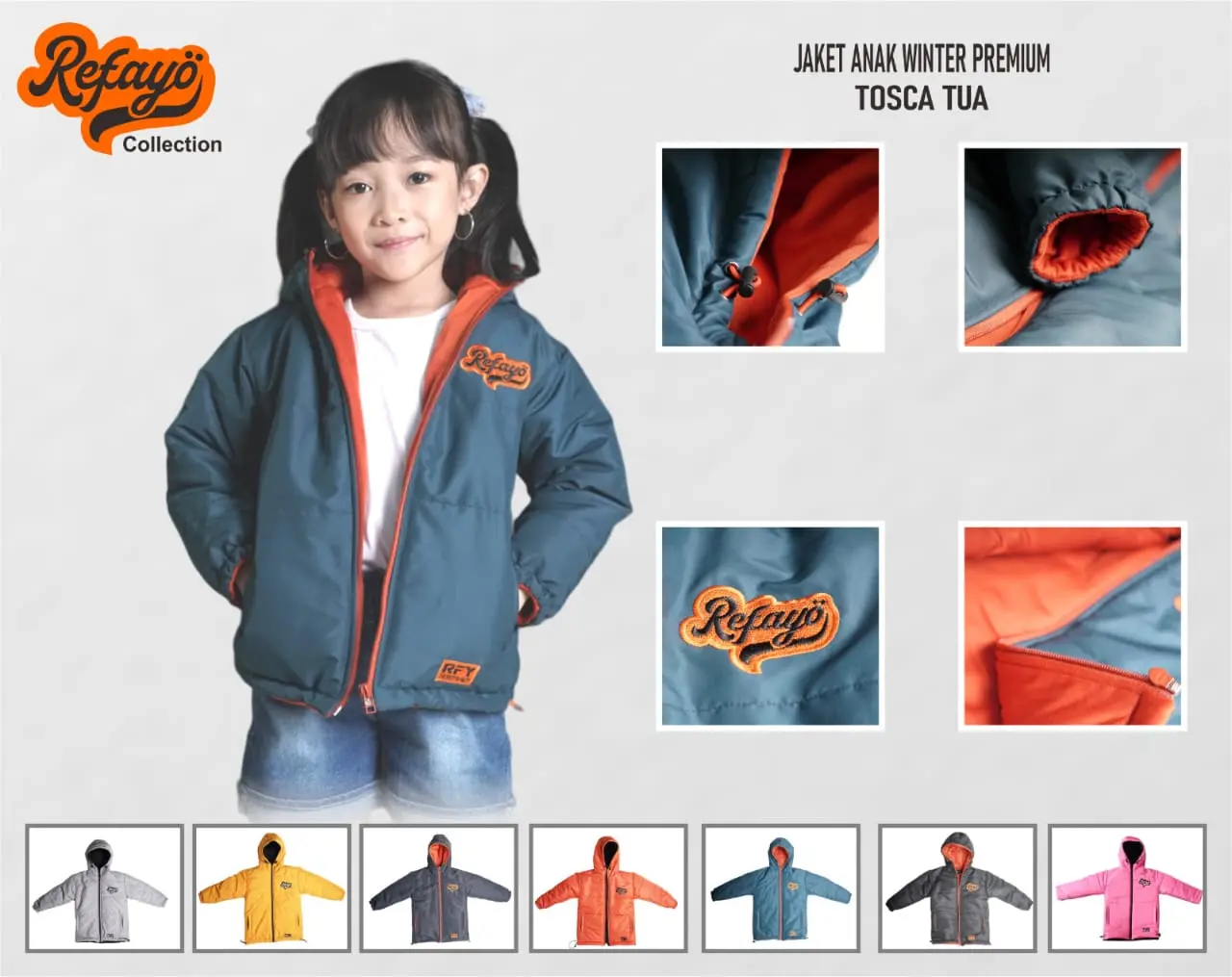 Jaket Winter Anak REFAYO Pria Wanita Outdoor Waterproof Windproof Tosca Tua Hoodie Bordir