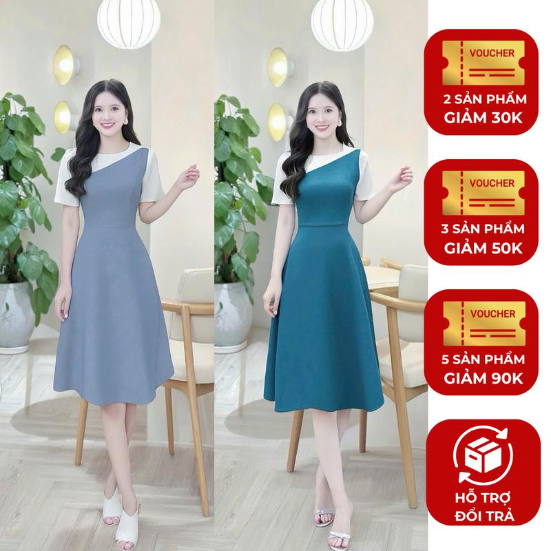  Đầm váy nữ thiết kế Nhật Vy phối cổ cách điệu đính nút bọc form dáng xòe bigsize chất lụa công sở văn phòng dự tiệc quà tặng vợ mẹ màu nâu xám xanh - D3481 