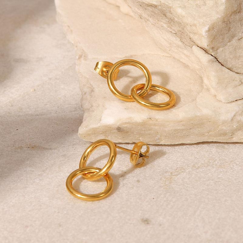 Product Introduction of European and American Ins Style Titanium Steel Hoop Earrings Women's Stainless Steel Double round Ring Pendant Earrings Geometric Earrings Jewelry 2