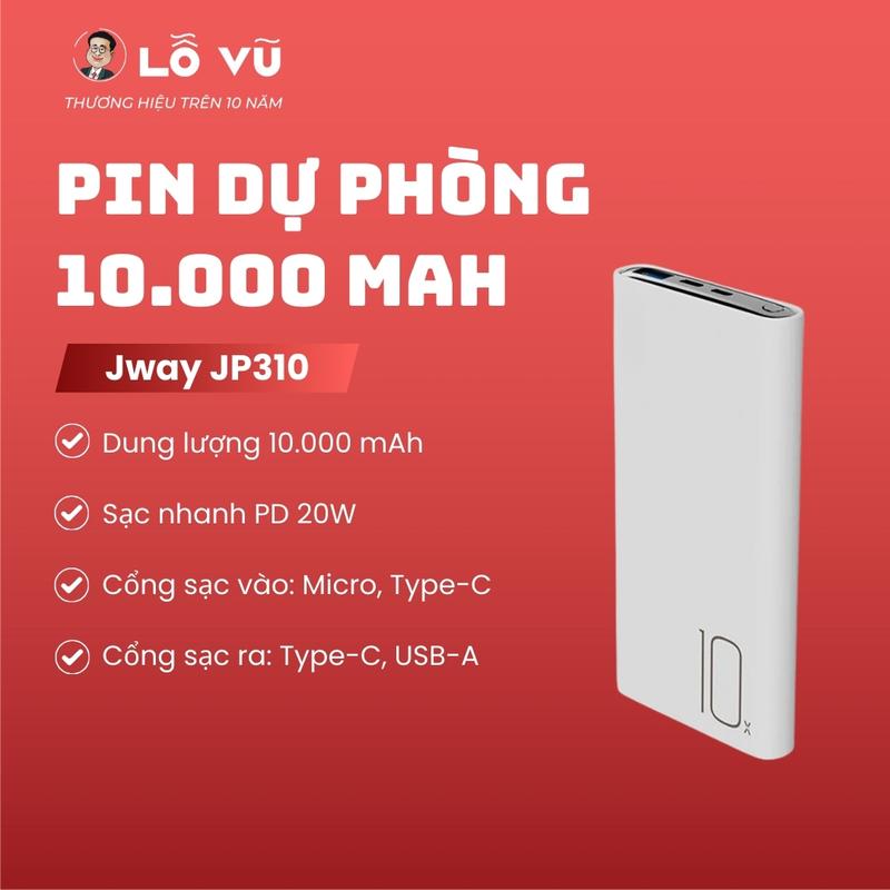 LoVu Pin dự phòng 10.000 mAh JWAY JP310, Sạc nhanh PD 20W, Đa cổng, Bảo hành lỗi 1 đổi 1 - Phụ kiện điện thoại