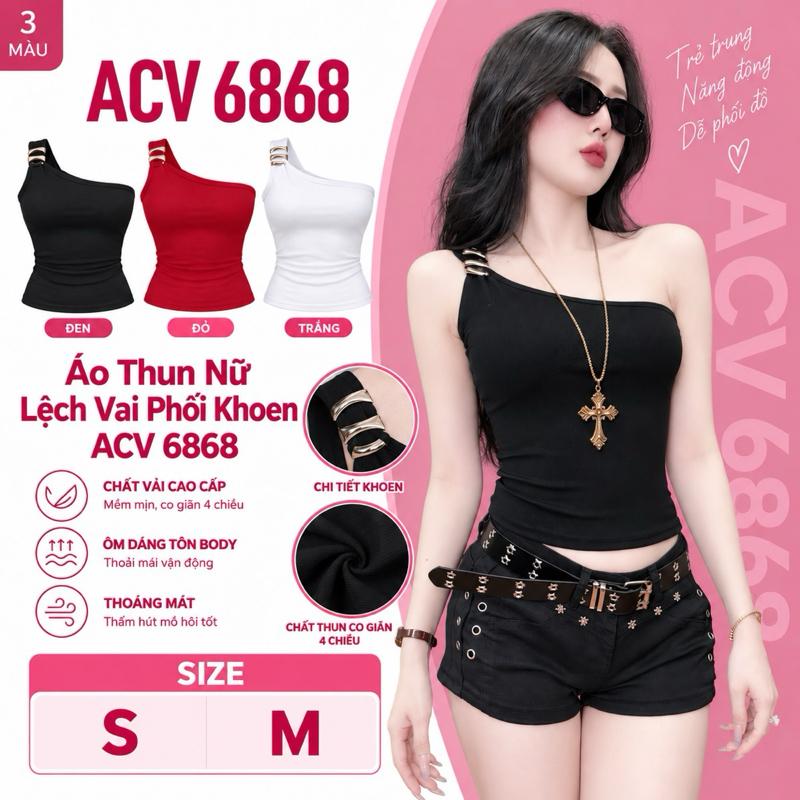 Áo Thun Lệch Vai Phối Khoen Ôm BoDy . Chất Vải Cotton Co giản 4 Chiều Mềm Mịn , Mát