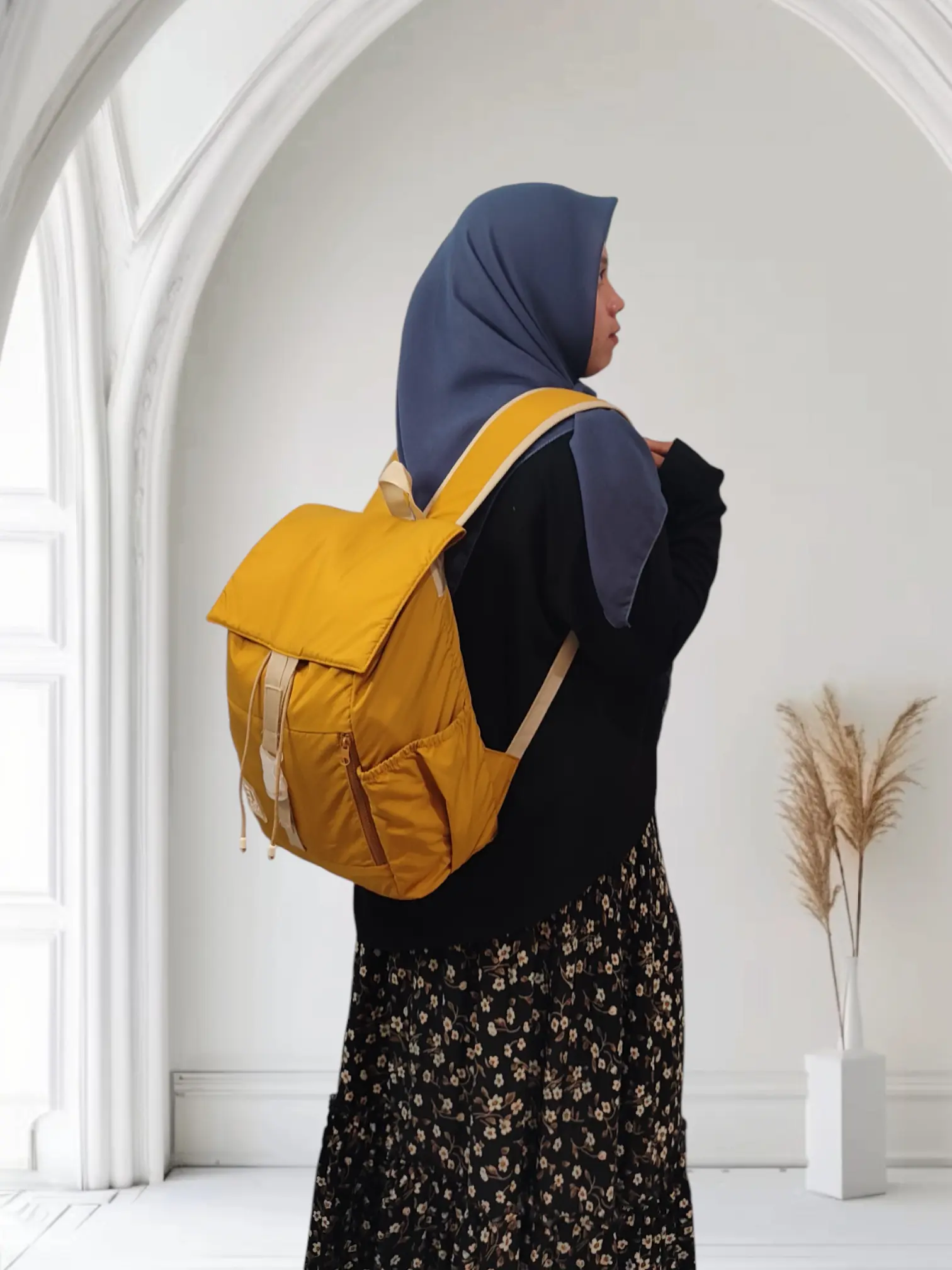 Lenoa Floria Backpack Tas Ransel Wanita Untuk Sekolah Kuliah Travel Warna Mustard Korean Style Serut