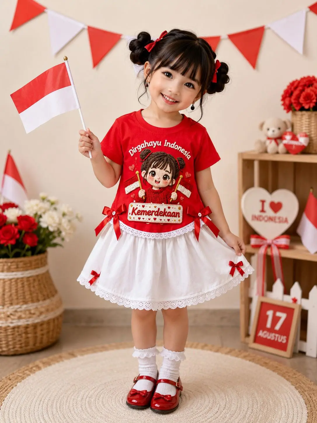 Setelan Anak Perempuan Kemerdekaan 17 Agustus Merah Putih Karakter Lucu HUT RI Usia 2-8 Tahun