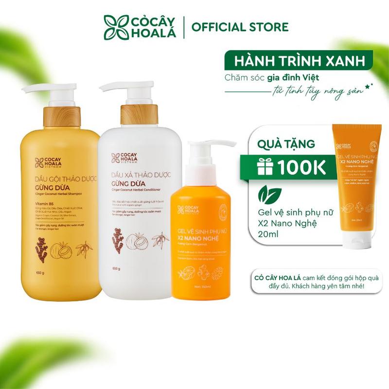 [COMBO MẸ SAU SINH] COMBO Dung Dịch Vệ Sinh Gel X2 Nano Nghệ Cỏ Cây Hoa Lá 150ml & Combo Dầu Gội Xả Thảo Dược Cỏ Cây Hoa Lá Gừng Dừa - dung tích 650g/chai