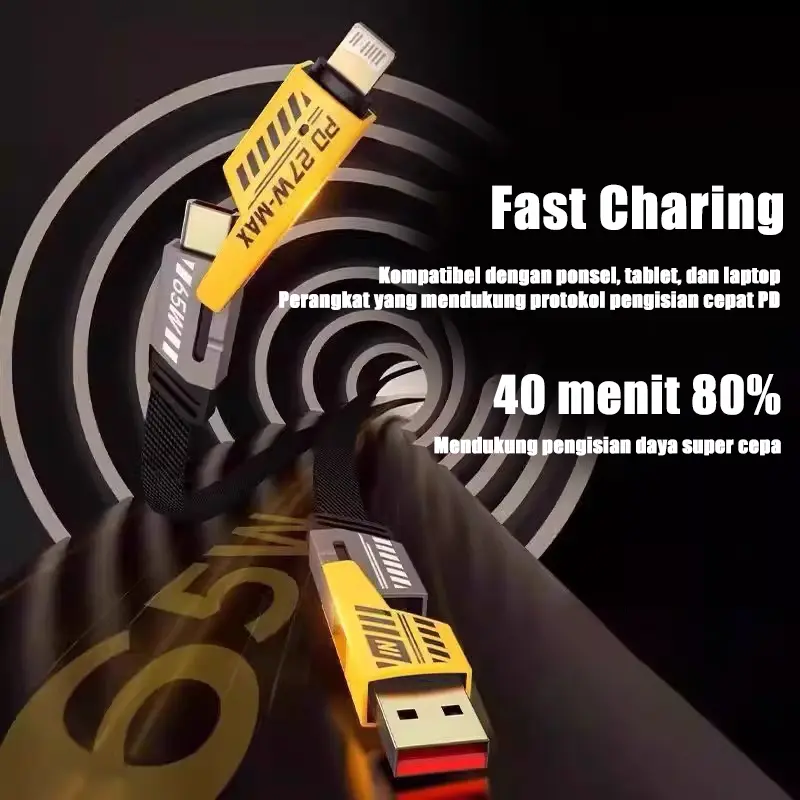 ZHIKE Kabel Data 4 IN 1 PD Fast Charging 27W+65W USB-A to Type-C/iOS Lightning Type-C to Type-C/iOS Dikepang 1M 5A 280W 240W Adaptor GaN Pengisi Cepat Cable Charger Kasar dan Tahan Lama Untuk iPhone Android XIAOMI HUAWEI VIVO OPPO 7